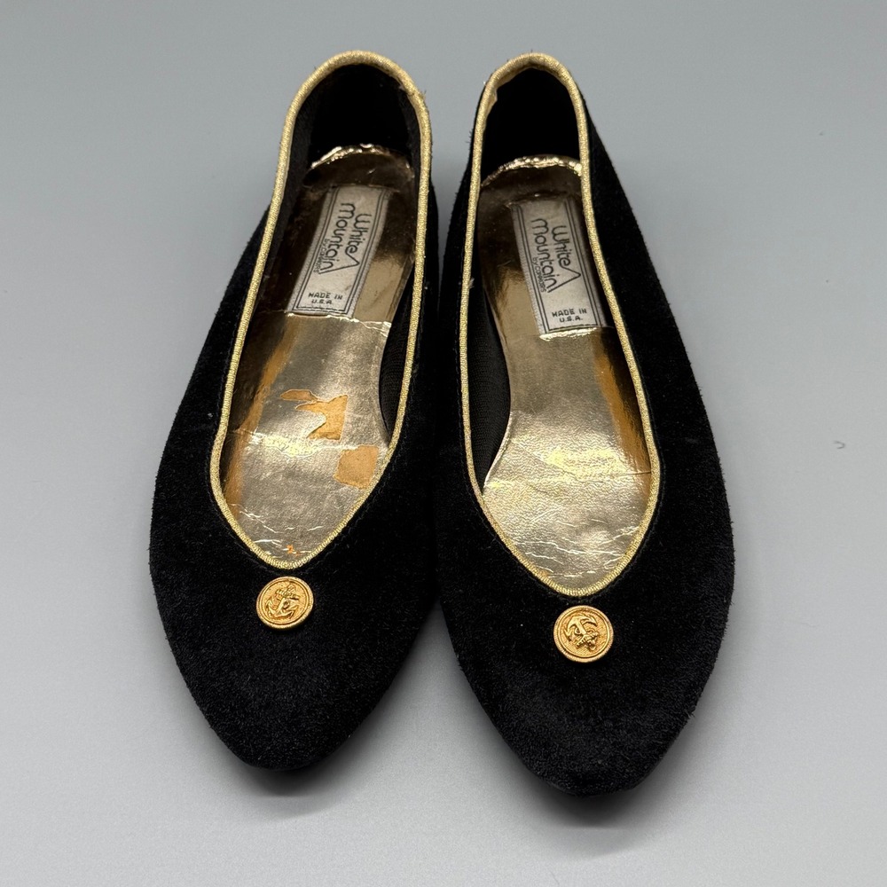 Vintage White Mountain Black Suede Ballet Flats Gold Anchor Nautical Women 6.5N